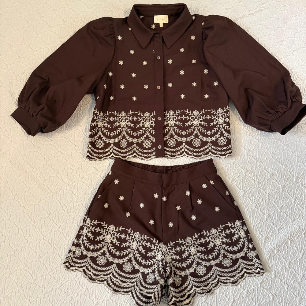 entro Brown Two-Piece Embroidered Shirt and Shorts Set